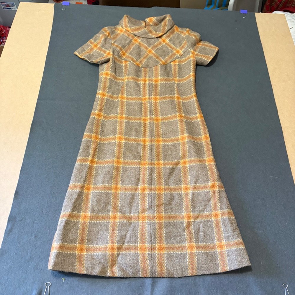 Handmade Vintage Plaid A-Line Dress Women S Brown Orange 60S 70S Core Mod Fall